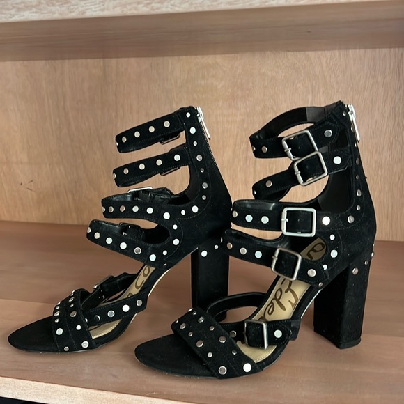 Sam Edelman Black Buckle Heels w/ Silver Studs and Zip-up Back - Picture 1 of 9